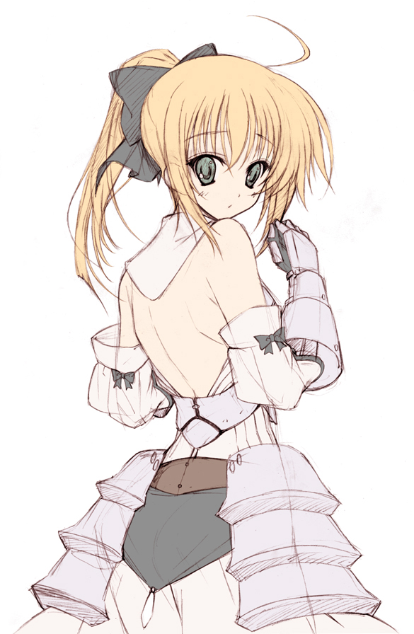 hayakawa harui, artoria pendragon (fate), saber (fate), saber lily, capcom, fate/stay night, fate/unlimited codes, fate (series), 00s, 1girl, ahoge, armor, armored dress, back, backless outfit, bare shoulders, blonde hair, bow, detached sleeves, dress, female focus, flat color, from behind, gauntlets, hair bow, looking back, ponytail, sketch, solo