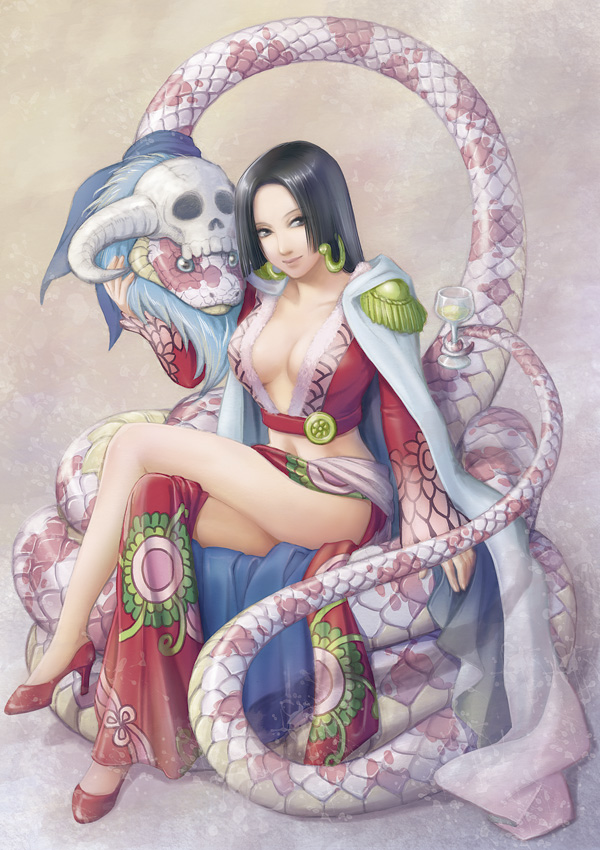 magmel, boa hancock, salome (one piece), one piece, 1girl, amazon lily, amazon warrior, black hair, breasts, cape, cleavage, crossed legs, earrings, glass, grey eyes, high heels, jewelry, large breasts, legs, long hair, midriff, scales, shoes, sitting, skull, snake