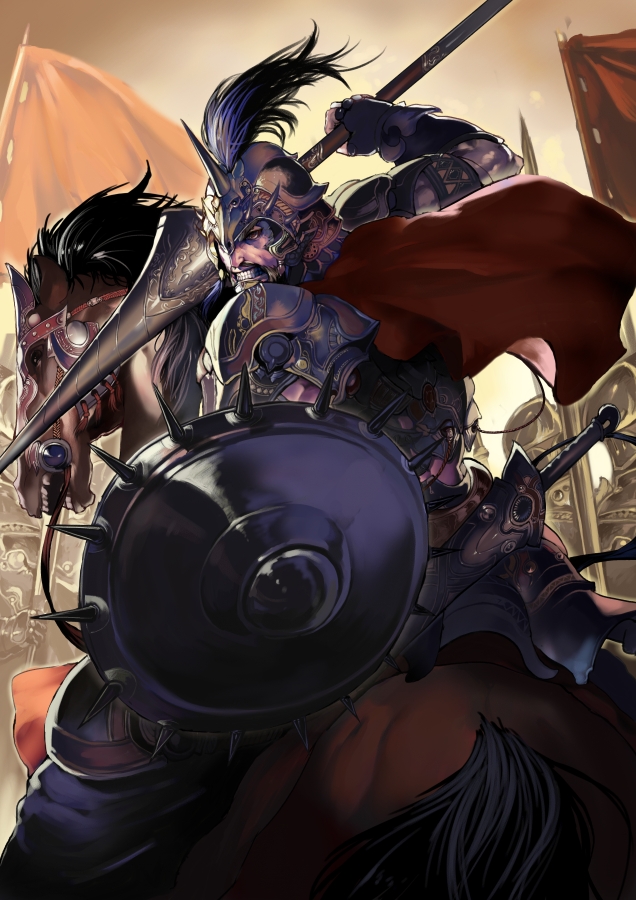 eel (artist), original, bad id, bad pixiv id, 1boy, armor, beard, cape, facial hair, fantasy, gauntlets, helmet, horns, horse, horseback riding, knight, lance, male focus, medieval, polearm, riding, sheath, shield, single horn, solo, spear, spikes, sword, weapon