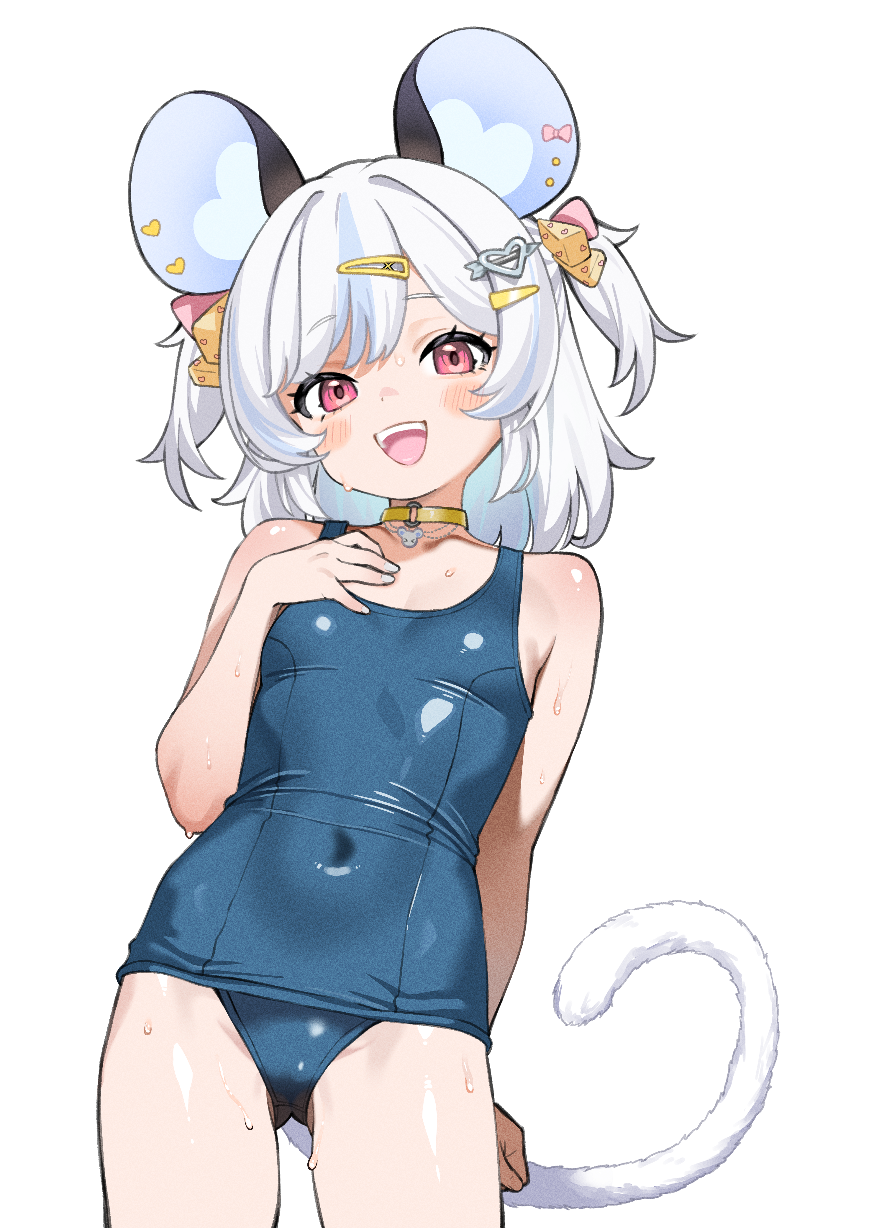 itinana, nemimi yane, indie virtual youtuber, absurdres, commission, highres, second-party source, skeb commission, variant set, 1girl, :d, animal ear piercing, animal ears, arm behind back, blue hair, blue one-piece swimsuit, cheese hair ornament, choker, collarbone, covered navel, cowboy shot, flat chest, food-themed hair ornament, hair ornament, hairclip, heart, heart hair ornament, looking at viewer, medium hair, mouse ears, mouse girl, mouse tail, multicolored hair, one-piece swimsuit, open mouth, pink eyes, school swimsuit, smile, solo, streaked hair, sweat, swimsuit, tail, teeth, two-tone hair, two side up, upper teeth only, virtual youtuber, white background, white hair, yellow choker