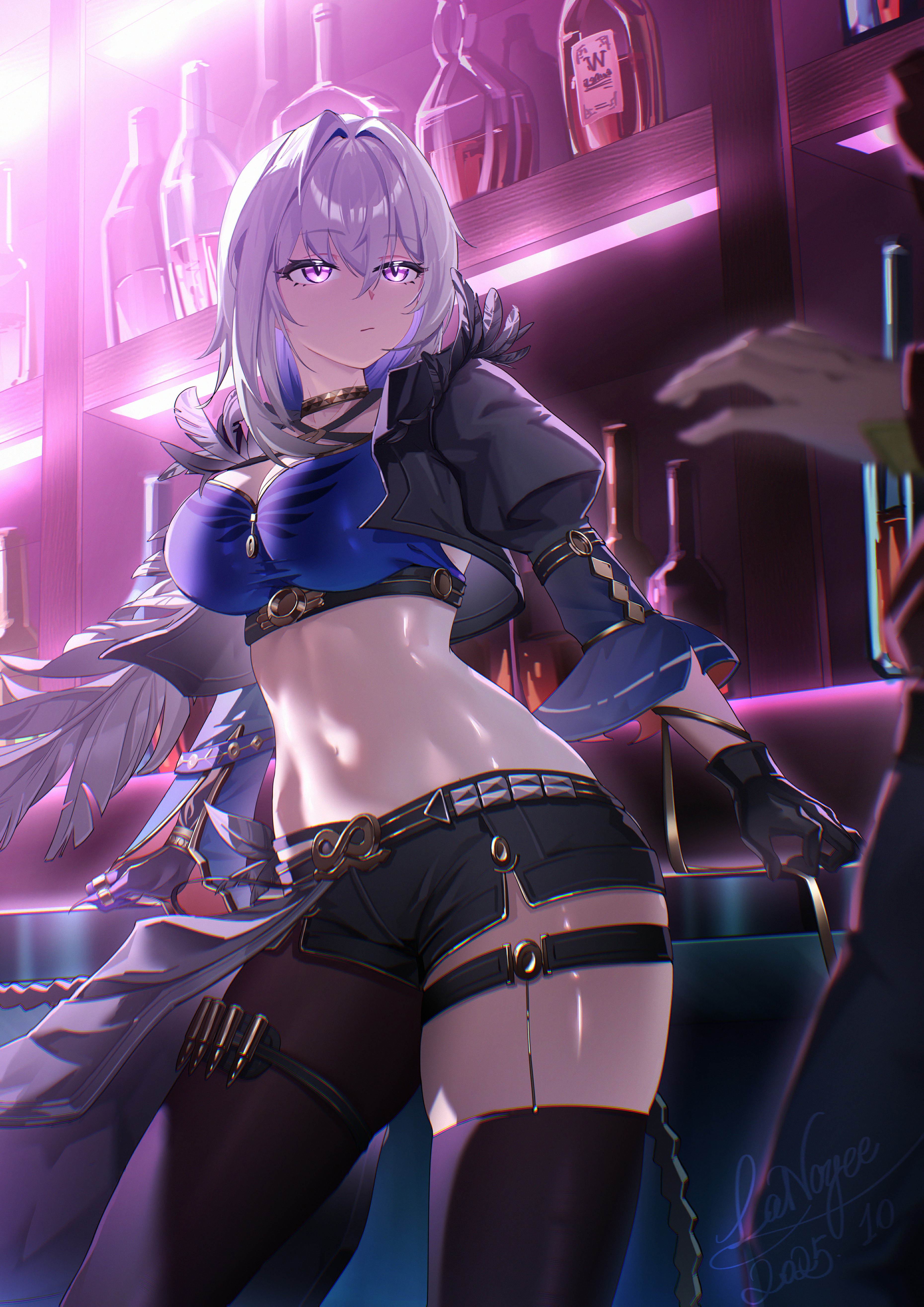 lanoyee, galbrena (wuthering waves), wuthering waves, absurdres, commentary, highres, 1girl, black jacket, black pantyhose, black shorts, black thighhighs, blue bra, blue hair, bottle, bra, breasts, closed mouth, colored inner hair, cropped jacket, feathered wings, gold choker, grey hair, indoors, jacket, large breasts, medium hair, multicolored hair, navel, pantyhose, purple eyes, shorts, single leg pantyhose, single thighhigh, single wing, solo, stomach, thigh strap, thighhighs, underwear, wings