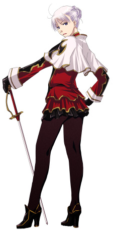 mr.romance, fantasy earth zero, original, silver hair, lowres, 1girl, ahoge, blue eyes, fantasy, female focus, full body, high heels, lipstick, looking back, makeup, pantyhose, shoes, simple background, solo, standing, sword, weapon