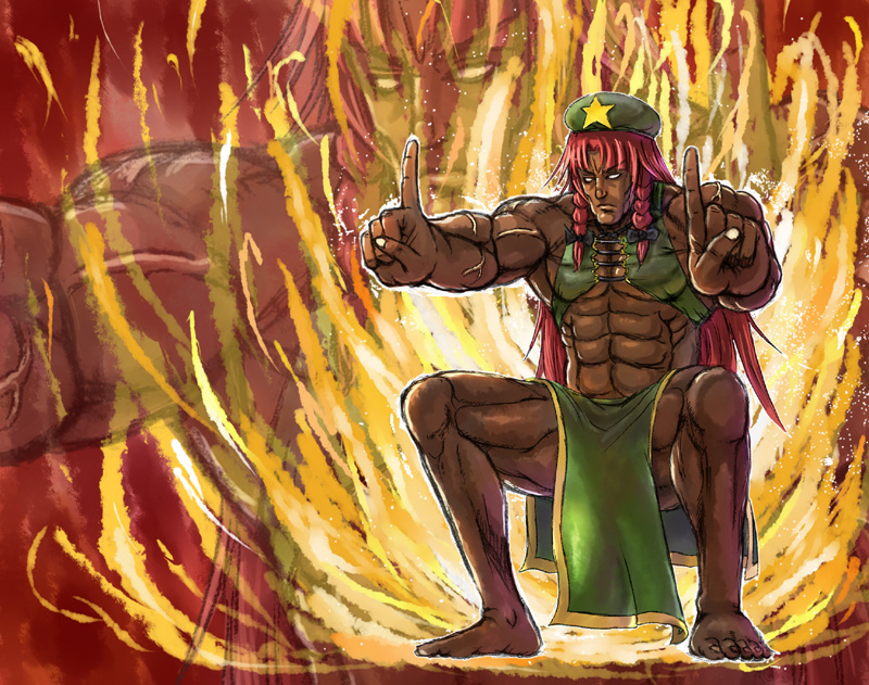 mitsuki yuuya, hong meiling, touhou, gender request, 1girl, barefoot, braid, china dress, chinese clothes, dress, female focus, fire, genderswap, hat, long hair, manly, muscular, muscular female, parody, red hair, solo, star (symbol), twin braids