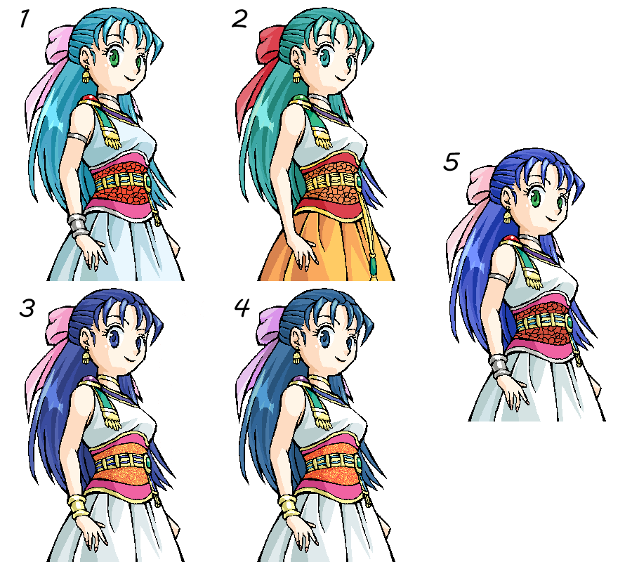 iri, flora (dq5), dragon quest, dragon quest v, 1girl, aqua eyes, aqua hair, blue eyes, blue hair, bow, comparison, earrings, green eyes, half updo, jewelry, oekaki, pink bow, smile