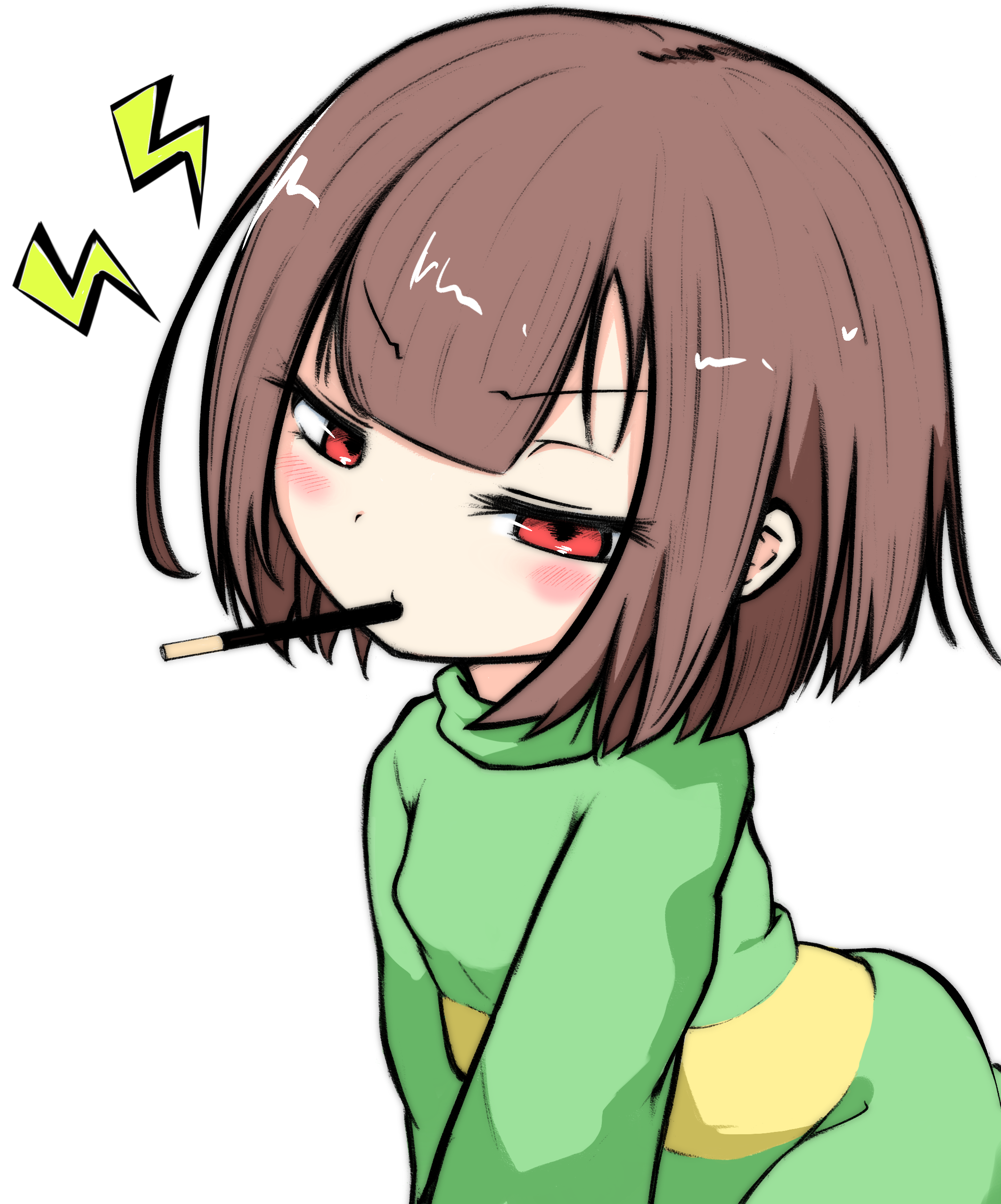 chara (undertale), undertale, utdr (toby fox), absurdres, commentary, highres, 1other, blush, bob cut, brown hair, eyelashes, flustered, food, food in mouth, furrowed brow, green sweater, incoming pocky kiss, leaning forward, lightning bolt symbol, long sleeves, looking at viewer, mouth hold, narrowed eyes, piraana, pocky, pocky in mouth, pocky kiss, red eyes, shared food, short hair, simple background, single horizontal stripe, solo, sweater, two-tone sweater, v-shaped eyebrows, v arms, white background, yellow sweater