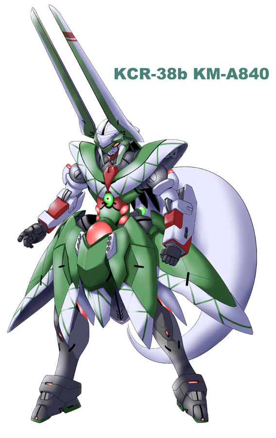 yoshi tama, ex-keine, kamishirasawa keine, touhou, clenched hand, female focus, full body, glowing, horns, magatama, mecha, mechanization, no humans, red eyes, robot, simple background, standing, white background