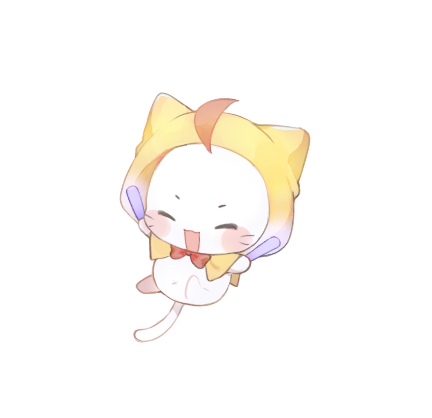 baonu de zhanshen caibutou, momo (nikki), infinity nikki, nikki (series), chinese commentary, commentary request, highres, variant set, ^ ^, ahoge, animal focus, blush stickers, bow, bowtie, cloak, closed eyes, ear covers, floating, glowstick, happy, holding, holding glowstick, hood, hood up, hooded cloak, navel, no humans, open mouth, penlight (glowstick), red bow, red bowtie, simple background, smile, solo, traditional bowtie, whiskers, white background, yellow cloak