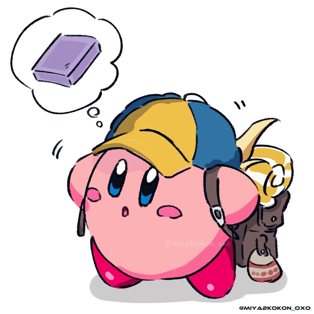 kirby, volo (pokemon), kirby (series), nintendo, pokemon, pokemon legends: arceus, backpack, bag, blush stickers, colored skin, cosplay, crossover, metro-oxo, no humans, open mouth, pink skin, plate (pokemon), solo, twitter username, volo (pokemon) (cosplay)