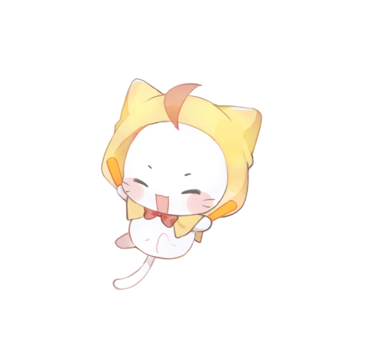 baonu de zhanshen caibutou, momo (nikki), infinity nikki, nikki (series), chinese commentary, commentary request, highres, variant set, ^ ^, ahoge, animal focus, blush stickers, bow, bowtie, cloak, closed eyes, ear covers, floating, glowstick, happy, holding, holding glowstick, hood, hood up, hooded cloak, navel, no humans, open mouth, penlight (glowstick), red bow, red bowtie, simple background, smile, solo, traditional bowtie, whiskers, white background, yellow cloak