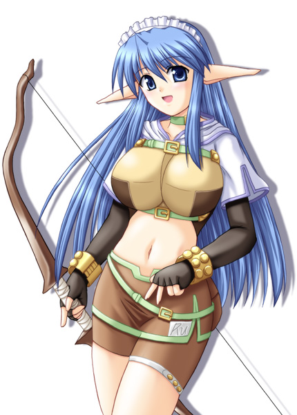 nagumo yuuki, hunter (ragnarok online), ragnarok online, commentary request, 1girl, 2000s (style), belt, black gloves, blue eyes, blue hair, bow (weapon), breasts, brown shirt, brown shorts, brown skirt, cowboy shot, crop top, cropped jacket, elbow gloves, fingerless gloves, gloves, green belt, holding, holding bow (weapon), holding weapon, jacket, large breasts, long hair, long pointy ears, looking at viewer, maid headdress, midriff, miniskirt, navel, open mouth, pointy ears, shirt, short shorts, short sleeves, shorts, shorts under skirt, simple background, skirt, smile, solo, weapon, white background, white jacket