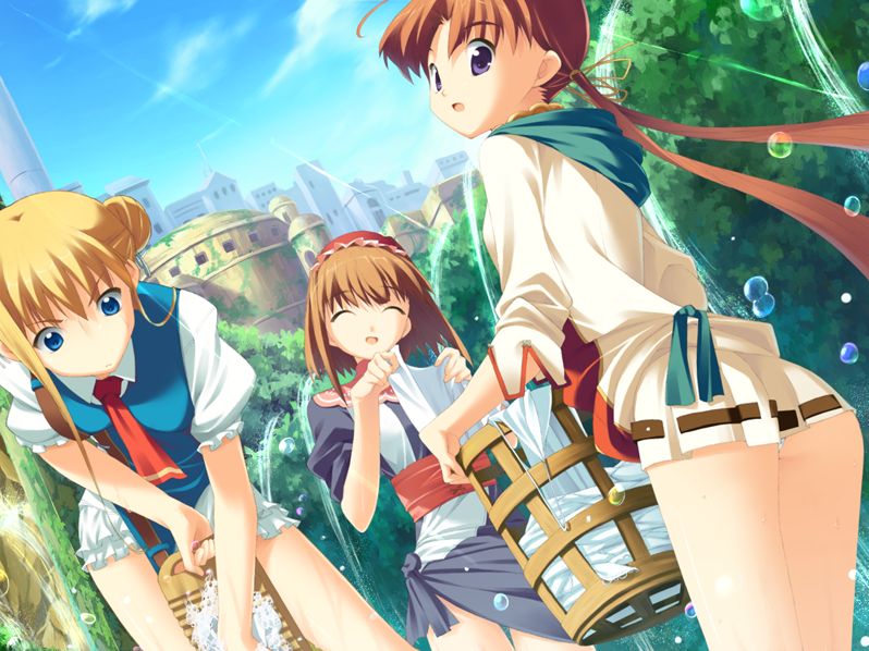 furudera naru, limwris, octavia (tears to tiara), riannon, tears to tiara, game cg, 00s, 3girls, blue eyes, elf, laundry, multiple girls, outdoors, pointy ears, twintails