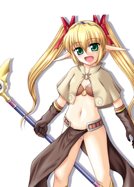 nagumo yuuki, mage (ragnarok online), ragnarok online, commentary request, 1girl, 2000s (style), bikini, bikini top only, blonde hair, breasts, brown bikini, brown capelet, brown gloves, capelet, cowboy shot, gloves, green eyes, hair ribbon, holding, holding staff, long hair, long pointy ears, looking at viewer, midriff, navel, open mouth, panties, pantyshot, pelvic curtain, pointy ears, red ribbon, ribbon, simple background, small breasts, smile, solo, staff, swimsuit, twintails, underwear, white background, white panties