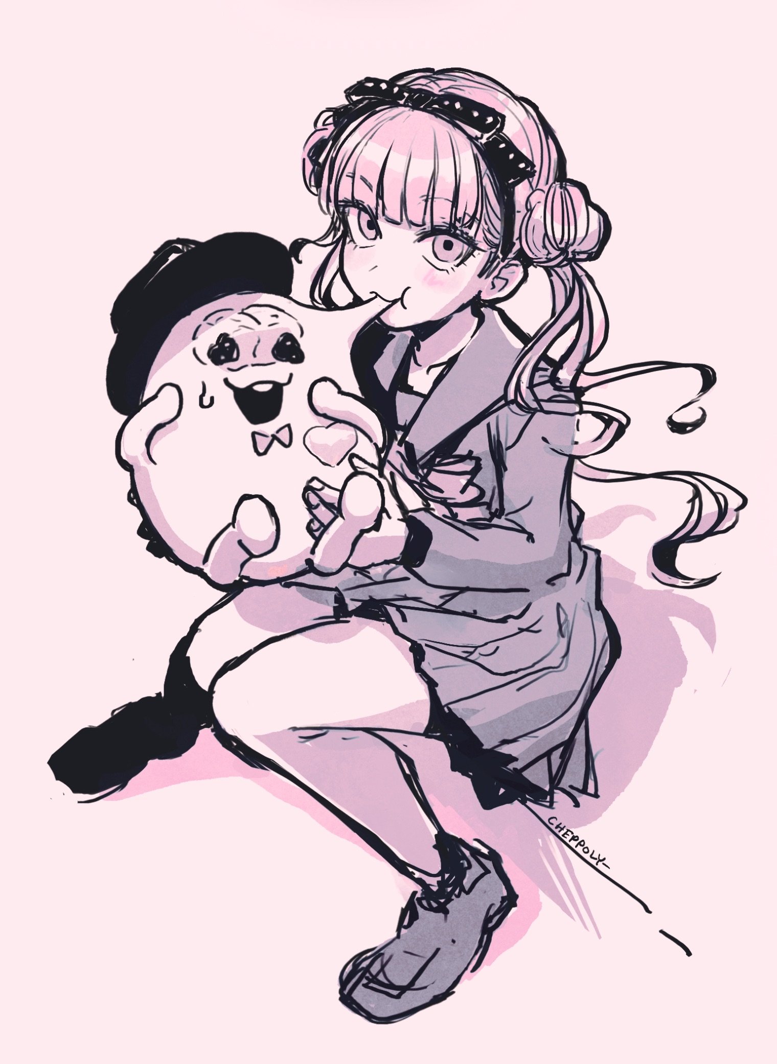 cheppo, sirei (hundred line), tsukumo kako, the hundred line -last defense academy-, commentary, english commentary, highres, 1girl, :t, artist name, bow, bowtie, double bun, eating, food, hair bun, hairband, hat, long hair, mochi, mochi trail, monochrome, pink theme, sailor collar, school uniform, serafuku, sitting, skirt, sweatdrop, twintails