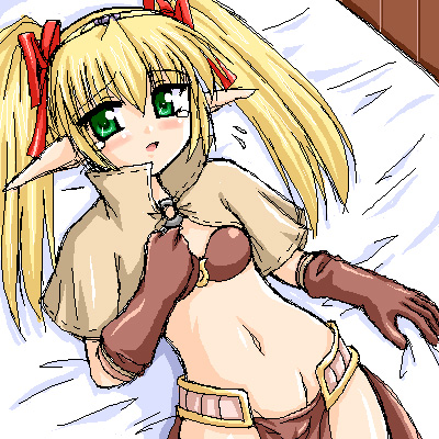 nagumo yuuki, mage (ragnarok online), ragnarok online, commentary request, lowres, 1girl, 2000s (style), bikini, bikini top only, blonde hair, blush, breasts, brown bikini, brown capelet, brown gloves, capelet, flying sweatdrops, gloves, green eyes, hair ribbon, long hair, long pointy ears, looking at viewer, lying, midriff, navel, oekaki, on back, open mouth, pelvic curtain, pointy ears, red ribbon, ribbon, small breasts, solo, swimsuit, tearing up, twintails, upper body