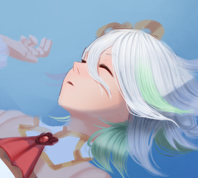a baker i am, cecilia immergreen, cecilia immergreen (1st costume), hololive, hololive english, 1girl, ascot, closed eyes, detached collar, doll joints, gradient hair, green hair, hair between eyes, joints, lying, multicolored hair, on back, red ascot, solo, virtual youtuber, white hair, winding key