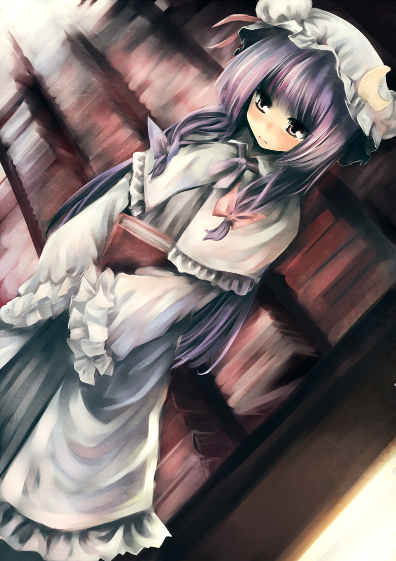 pino (birthdayparty), pino (pixiv), patchouli knowledge, touhou, 1girl, book, female focus, hat, library, long hair, purple hair, solo, voile