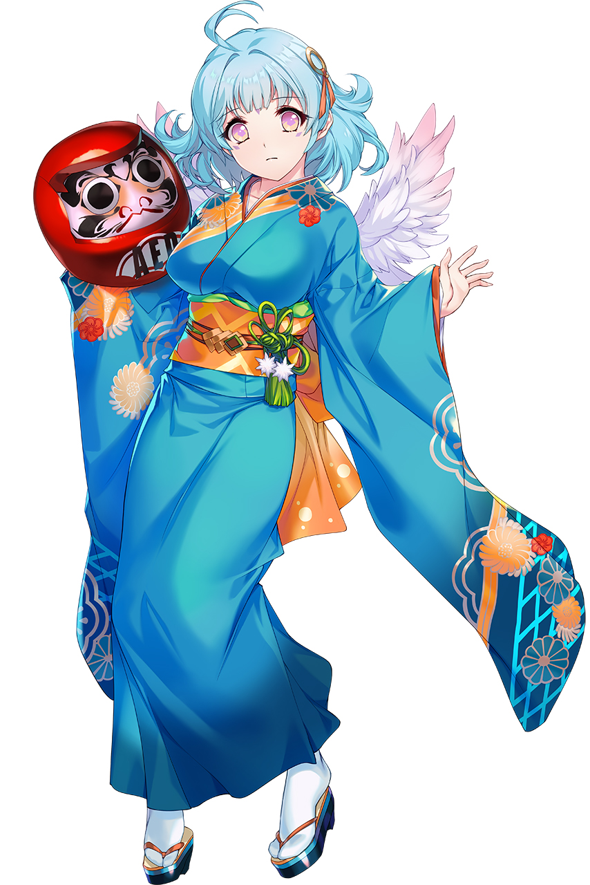 min-naraken, choukou (alicesoft), choukou taisen escalation heroines, highres, official art, 1girl, ahoge, blue hair, blue kimono, breasts, daruma doll, feathered wings, full body, japanese clothes, kimono, large breasts, polaris (escalation heroine), print kimono, purple eyes, sandals, short hair, solo, tachi-e, wings, yukata