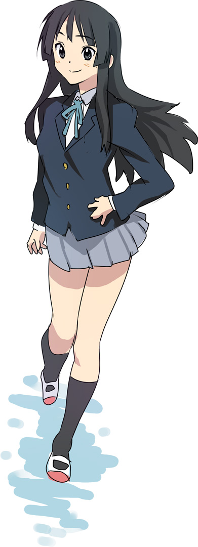 baba arumi, akiyama mio, k-on!, bad id, bad pixiv id, 00s, 1girl, black hair, blunt bangs, female focus, full body, hime cut, legs, long hair, school uniform, shoes, simple background, solo, uwabaki