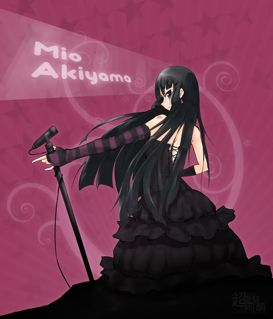 black light, akiyama mio, k-on!, 00s, 1girl, black hair, blunt bangs, dress, female focus, gothic lolita, hime cut, lolita fashion, looking back, microphone, microphone stand, solo, tattoo, ultraviolet light
