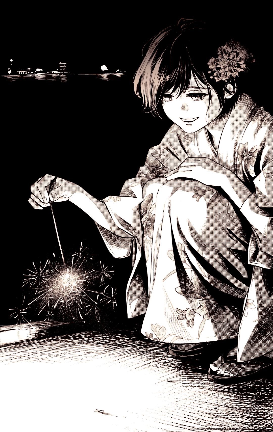 non (mangaka), commentary request, hashtag-only commentary, highres, 1girl, crosshatching, fingernails, fireworks, floral print, floral print kimono, flower, full body, greyscale, grin, hair flower, hair ornament, hand on own knee, hatching (texture), holding, holding fireworks, hori yayano, japanese clothes, kimono, linear hatching, looking down, monochrome, night, official artist extra, pole star (non), print kimono, sandals, screentones, short hair, smile, solo, sparkler, sparks, squatting, swept bangs, toenails, toes, underlighting, wavy hair, wide sleeves, yukata