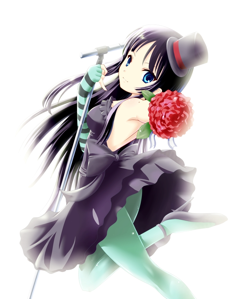 futakabe, akiyama mio, don't say "lazy", k-on!, striped, bad id, bad pixiv id, 00s, 1girl, black hair, blue eyes, blue pantyhose, blunt bangs, female focus, gothic lolita, hat, hime cut, lolita fashion, long hair, microphone, microphone stand, mini hat, mini top hat, pantyhose, solo, top hat