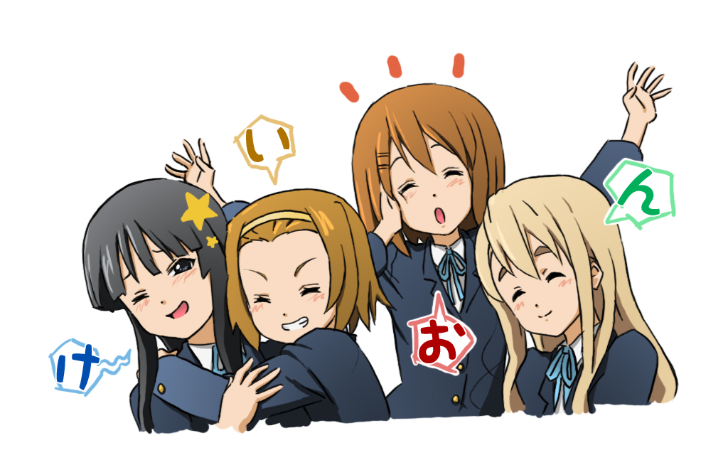 ryunosuke, akiyama mio, hirasawa yui, kotobuki tsumugi, tainaka ritsu, k-on!, bad id, bad pixiv id, 00s, 4girls, blunt bangs, closed eyes, hime cut, ho-kago tea time, multiple girls, one eye closed, school uniform, wink