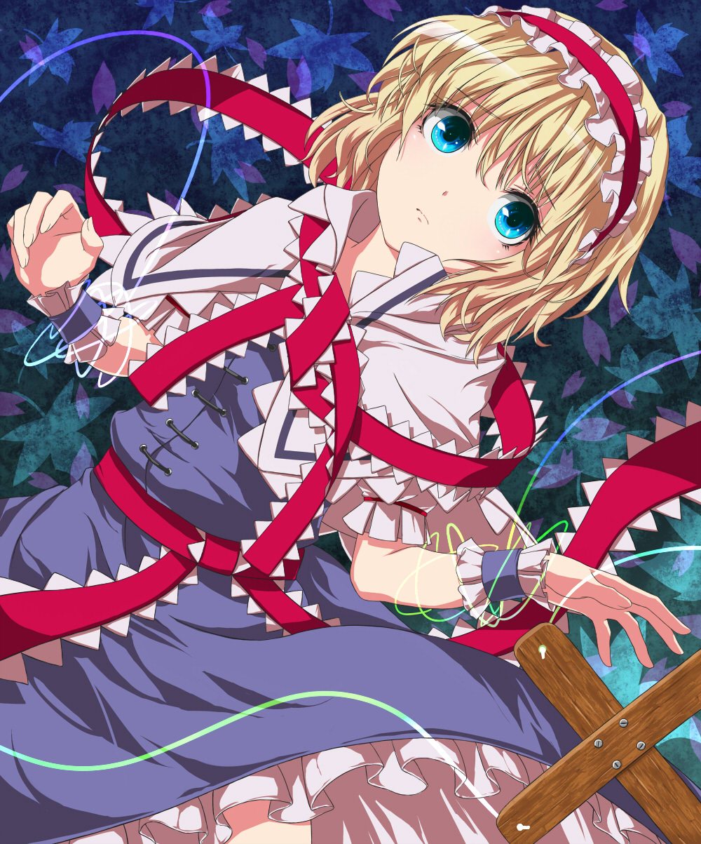 fuji hyorone, alice margatroid, touhou, bad id, bad pixiv id, highres, 1girl, blonde hair, blue eyes, capelet, female focus, hairband, ribbon, short hair, solo