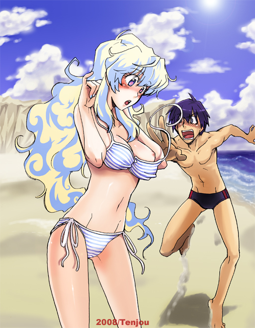 =sai=, noritake, nia teppelin, simon (ttgl), tengen toppa gurren lagann, bad id, + +, 00s, 1boy, 1girl, barefoot, beach, bikini, black male swimwear, black swim briefs, blush, breasts, cross-shaped pupils, day, male swimwear, medium breasts, multicolored hair, nipple slip, nipples, outdoors, string bikini, striped bikini, striped clothes, swim briefs, swimsuit, symbol-shaped pupils, wardrobe malfunction