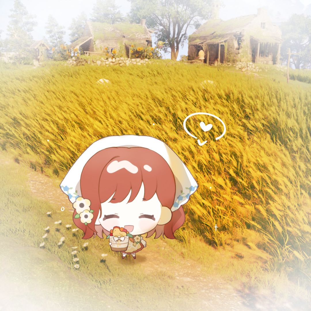 baonu de zhanshen caibutou, infinity nikki, nikki (series), stardew valley, chinese commentary, commentary request, 1girl, ^ ^, apron, basket, bird, blue sky, blush stickers, brooch, chibi, chicken, closed eyes, country lolita, day, dress, eyelashes, floral print, flower, flower brooch, game screenshot background, grey shirt, hair flower, hair ornament, happy, headscarf, heart, holding, holding basket, house, in-universe location, jewelry, kneehighs, leaf, lolita fashion, long sleeves, medium hair, open mouth, outdoors, path, piecey, pinafore dress, print headwear, puffy long sleeves, puffy sleeves, red dress, red flower, red hair, red shoes, road, screenshot background, shadow, shirt, shoes, sky, sleeveless, sleeveless dress, smile, socks, solo, speech bubble, spoken heart, standing, stardew valley encounter (infinity nikki), straight-on, tree, vignetting, wavy hair, wheat field, white headscarf, white socks, yellow apron, yellow flower
