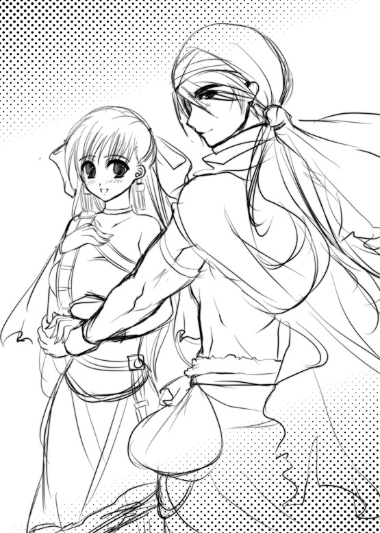 ookami ryousuke, flora (dq5), hero (dq5), dragon quest, dragon quest v, bad id, bad pixiv id, 1boy, 1girl, blush, bow, couple, greyscale, hair bow, half updo, hetero, holding hands, monochrome, pouch, sketch, smile