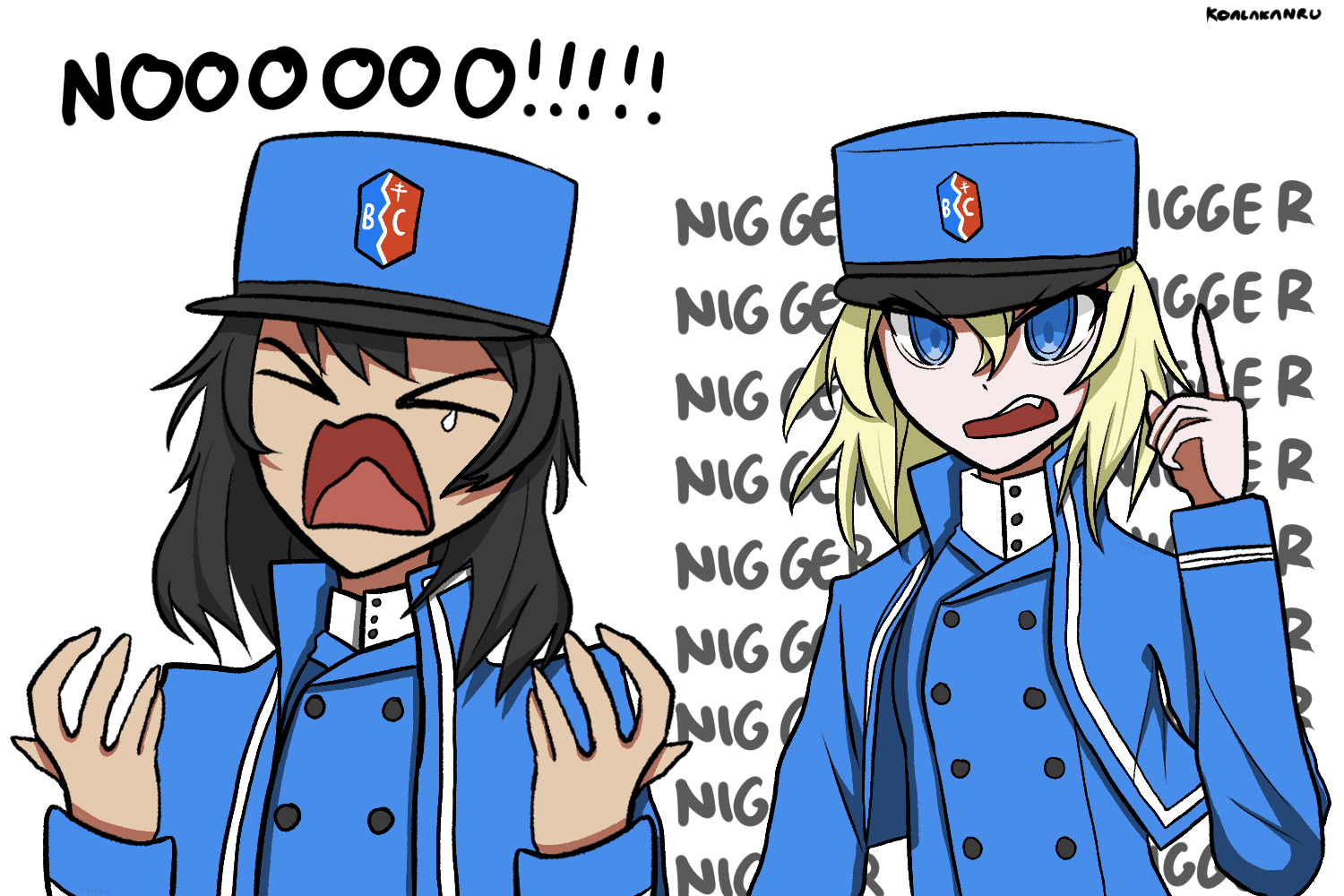 koalakanru, andou (girls und panzer), oshida (girls und panzer), girls und panzer, 2girls, artist name, bc freedom (emblem), bc freedom military uniform, black hair, blonde hair, blue eyes, blue jacket, blue sweater, blue vest, closed eyes, crying, dark-skinned female, dark skin, dress shirt, emblem, fang, hat, high collar, insult, jacket, medium hair, military, military hat, military uniform, multiple girls, necktie, open mouth, racism, shirt, shouting, striped necktie, sweater, talking, vest