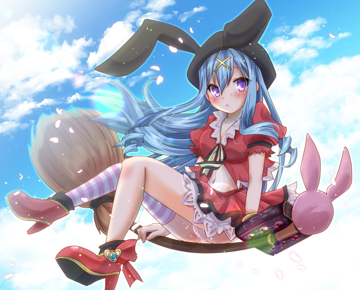 yukiomi kizuki, emil chronicle online, 1girl, black hat, blue hair, blue sky, blush, book, boots, breasts, broom, broom riding, cleavage, day, flying, hair ornament, hairclip, hat, holding, holding book, jacket, long hair, medium breasts, midriff, nice knee socks day, pink thighhighs, purple eyes, rabbit ear headwear, red boots, red jacket, red skirt, renet (eco), single thighhigh, skirt, sky, solo, striped clothes, striped thighhighs, thighhighs