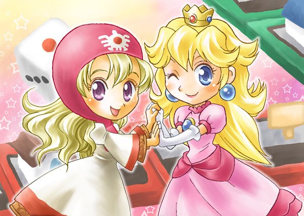 iri, princess of moonbrook, princess peach, chunsoft, dragon quest, dragon quest ii, enix, itadaki street, mario (series), nintendo, 1980s (style), bad id, bad pixiv id, 2girls, blonde hair, blue eyes, chibi, crossover, crown, dice, dress, earrings, elbow gloves, gloves, holding hands, hood, jewelry, multiple girls, oldschool, one eye closed, pink dress, purple eyes, smile, wink