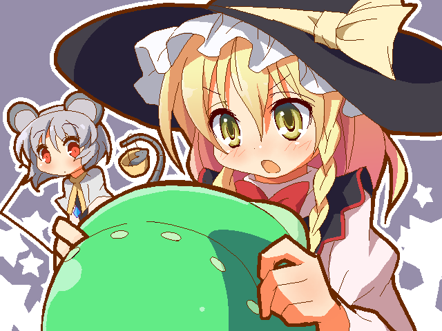 9law, kirisame marisa, nazrin, touhou, bad id, bad pixiv id, 2girls, animal ears, basket, blonde hair, braid, female focus, grey hair, hat, mouse (animal), mouse ears, mouse tail, multiple girls, red eyes, short hair, tail, ufo, upper body, witch, witch hat, yellow eyes