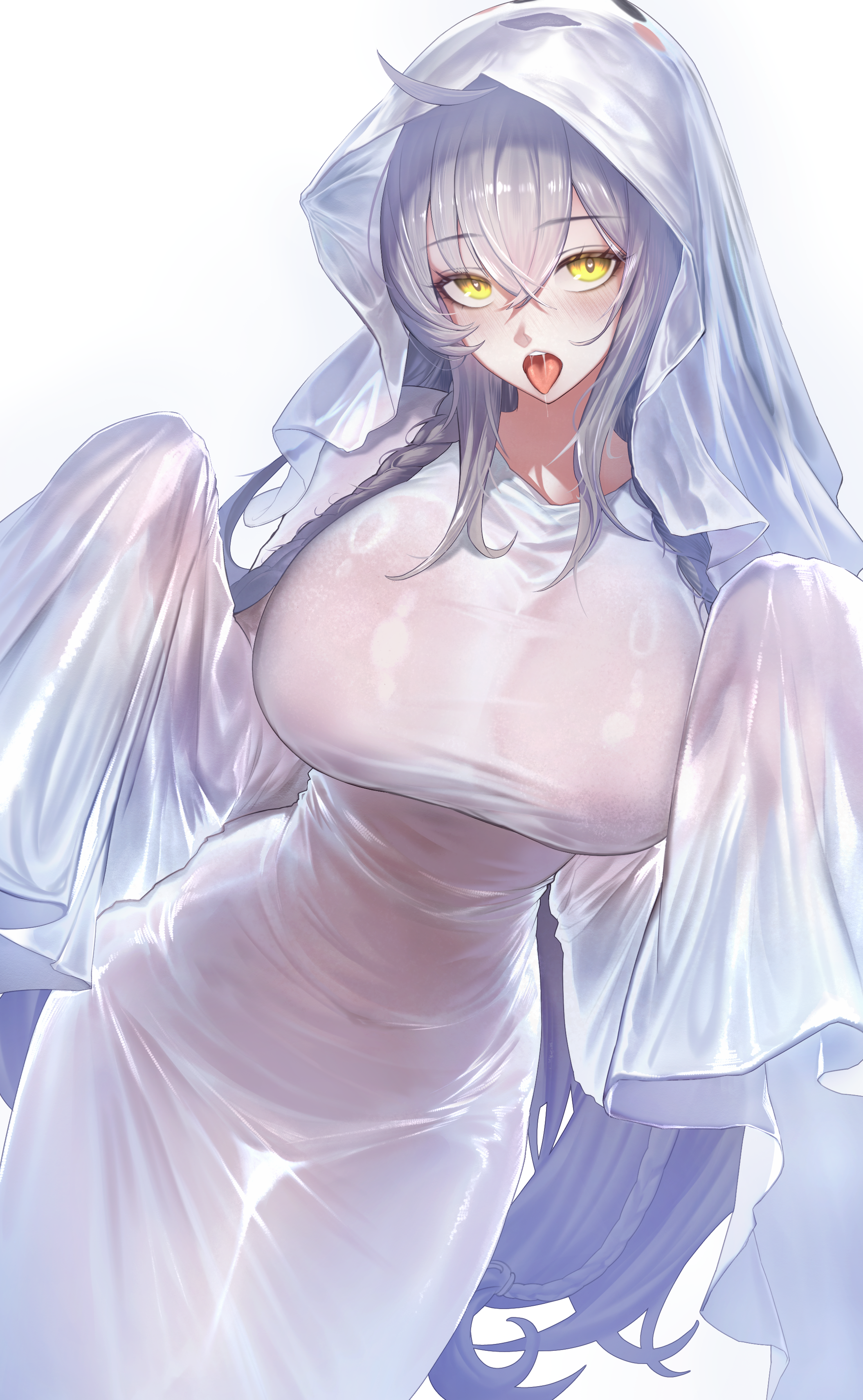 houh888, granhildr (brown dust), brown dust (series), brown dust 2, absurdres, commentary, highres, 1girl, blush, breasts, covered navel, dress, drooling, ghost costume, ghost girl (niyeye2019), ghost pose, grey hair, hair between eyes, halloween costume, large breasts, long hair, looking at viewer, naked costume, open mouth, saliva, saliva trail, see-through clothes, sheet ghost, simple background, sleeves past fingers, sleeves past wrists, solo, tight clothes, tight dress, tongue, tongue out, white background, yellow eyes
