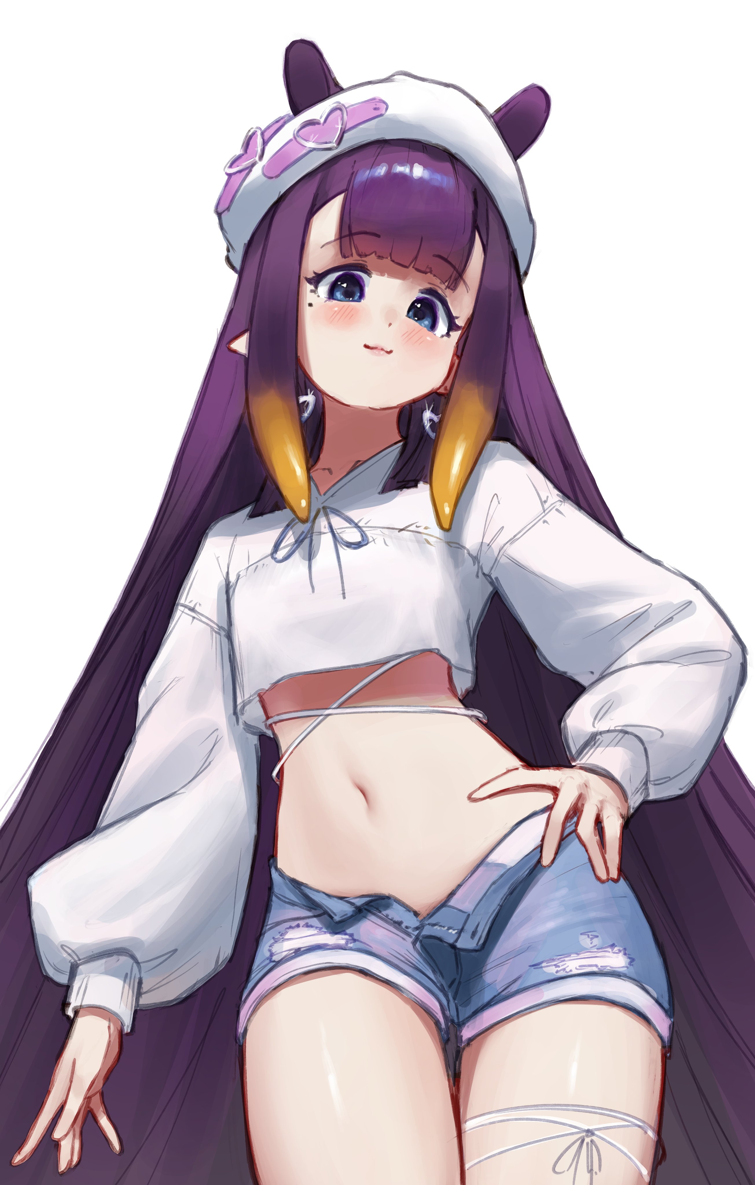 bobsta01, ninomae ina'nis, hololive, hololive english, absurdres, highres, 1girl, beret, blue eyes, blue shorts, breasts, closed mouth, cropped shirt, denim, denim shorts, gradient hair, hand on own hip, hat, long hair, looking at viewer, mole, mole under eye, multicolored hair, navel, orange hair, pointy ears, purple hair, shirt, short shorts, shorts, simple background, small breasts, solo, tentacle hair, very long hair, virtual youtuber, white background, white shirt