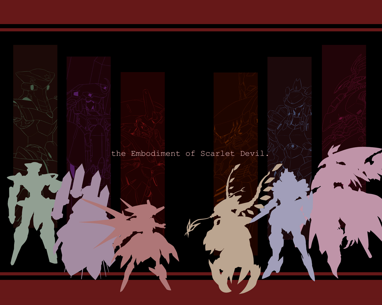 nekoguruma, yoshi tama, flandre scarlet, hong meiling, izayoi sakuya, koakuma, patchouli knowledge, remilia scarlet, embodiment of scarlet devil, touhou, 6+girls, female focus, mecha, mechanization, multiple girls, robot, silhouette