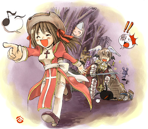 bloody murderer, gibbet, high priest (ragnarok online), lord knight (ragnarok online), lude (ragnarok online), quve (ragnarok online), ragnarok online, commentary request, lowres, !, !!, 1girl, 2000s (style), 2boys, armor, armored boots, back bow, black tabard, black wings, blonde hair, boots, bow, breastplate, brown hair, brown hat, cape, closed eyes, cross, cross print, dress, full body, garter straps, ghost, gloom (expression), hat, head wings, heirozoist, holding, holding sword, holding weapon, juliet sleeves, long hair, long sleeves, multiple boys, musical note, open mouth, pauldrons, pointing, pointing forward, puffy sleeves, red cape, red dress, sash, short hair, shoulder armor, smile, spiked gauntlets, spoken musical note, stuffed animal, stuffed rabbit, stuffed toy, sword, tabard, thighhighs, two-tone dress, weapon, white bow, white dress, white sash, white thighhighs, white wings, wings, yokou