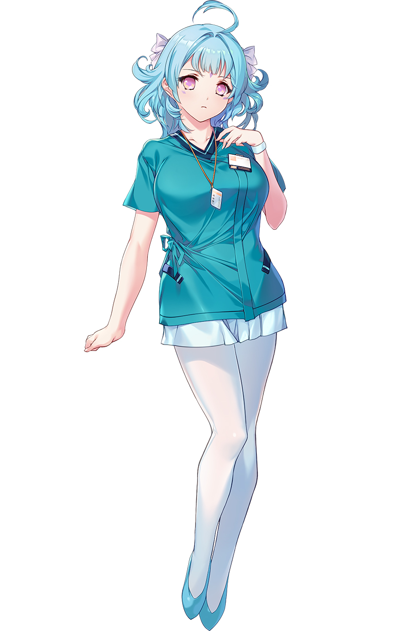 min-naraken, choukou (alicesoft), choukou taisen escalation heroines, highres, official art, 1girl, ahoge, badge, blue hair, bow, bracelet, breasts, full body, hair bow, id card, jewelry, large breasts, polaris (escalation heroine), purple eyes, skirt, solo, tachi-e, thighhighs, white skirt, white thighhighs