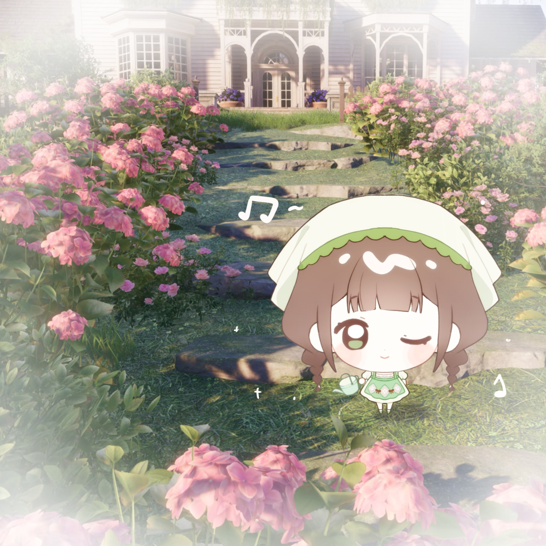baonu de zhanshen caibutou, infinity nikki, nikki (series), chinese commentary, commentary request, 1girl, apron, blunt bangs, braid, brown hair, chibi, closed mouth, cobblestone, country lolita, day, diamond print, dress, eyelashes, flower, game screenshot inset, green apron, green eyes, green shoes, happy, headscarf, hill, holding, holding watering can, house, lace-trimmed headwear, lace trim, light blush, lolita fashion, long hair, low twin braids, medium dress, musical note, one eye closed, outdoors, path, pink flower, plant, potted plant, print apron, puffy short sleeves, puffy sleeves, purple flower, road, shadow, shoes, short sleeves, smile, socks, solo, sparkle, spoken musical note, spring blossom (infinity nikki), standing, twin braids, very long hair, vignetting, watering can, white dress, white headscarf, white socks