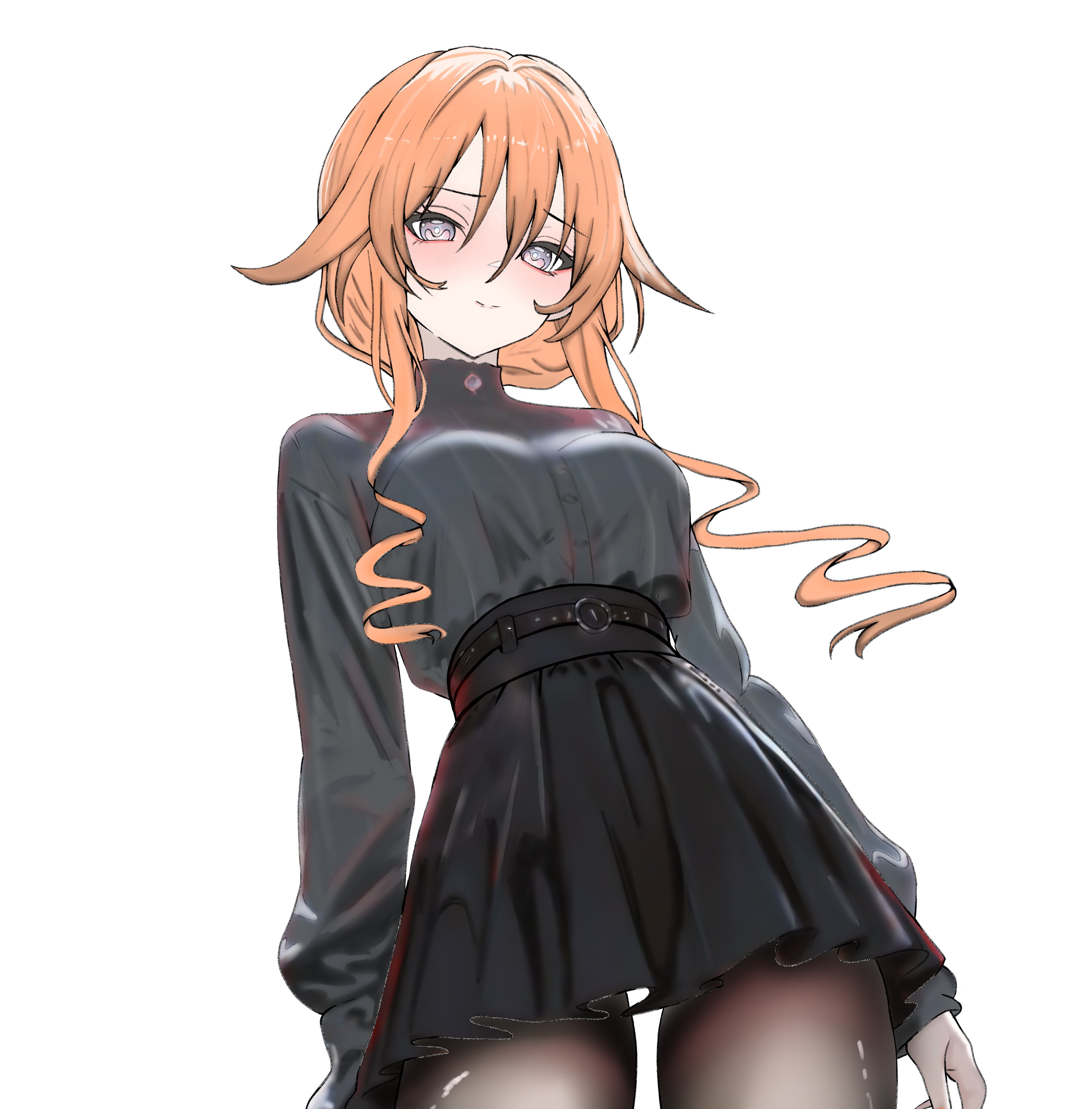 yoshi mcswagger, yamai yuzuru, date a live, absurdres, highres, 1girl, black skirt, blue eyes, breasts, dress shirt, drill hair, drill sidelocks, long hair, long sleeves, looking at viewer, medium breasts, multicolored hair, orange hair, shirt, sidelocks, skirt, smile, solo, streaked hair, white background