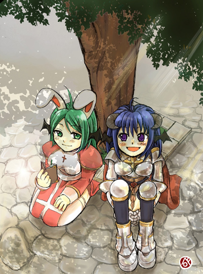 high priest (ragnarok online), lord knight (ragnarok online), ragnarok online, commentary request, 2000s (style), 2girls, animal ears, armor, armored boots, black thighhighs, black wings, blue hair, boobplate, book, boots, breastplate, brown skirt, cape, closed mouth, cobblestone, cross, dappled sunlight, day, demon wings, dress, fake animal ears, full body, green eyes, green hair, grey horns, head wings, holding, holding book, horns, hugging own legs, juliet sleeves, long hair, long sleeves, looking at another, multiple girls, open mouth, outdoors, pauldrons, puffy sleeves, purple eyes, rabbit ears, red cape, red dress, sash, seiza, shoulder armor, sitting, skirt, smile, sunlight, thighhighs, tree, two-tone dress, under tree, white dress, white sash, white thighhighs, wings, yokou