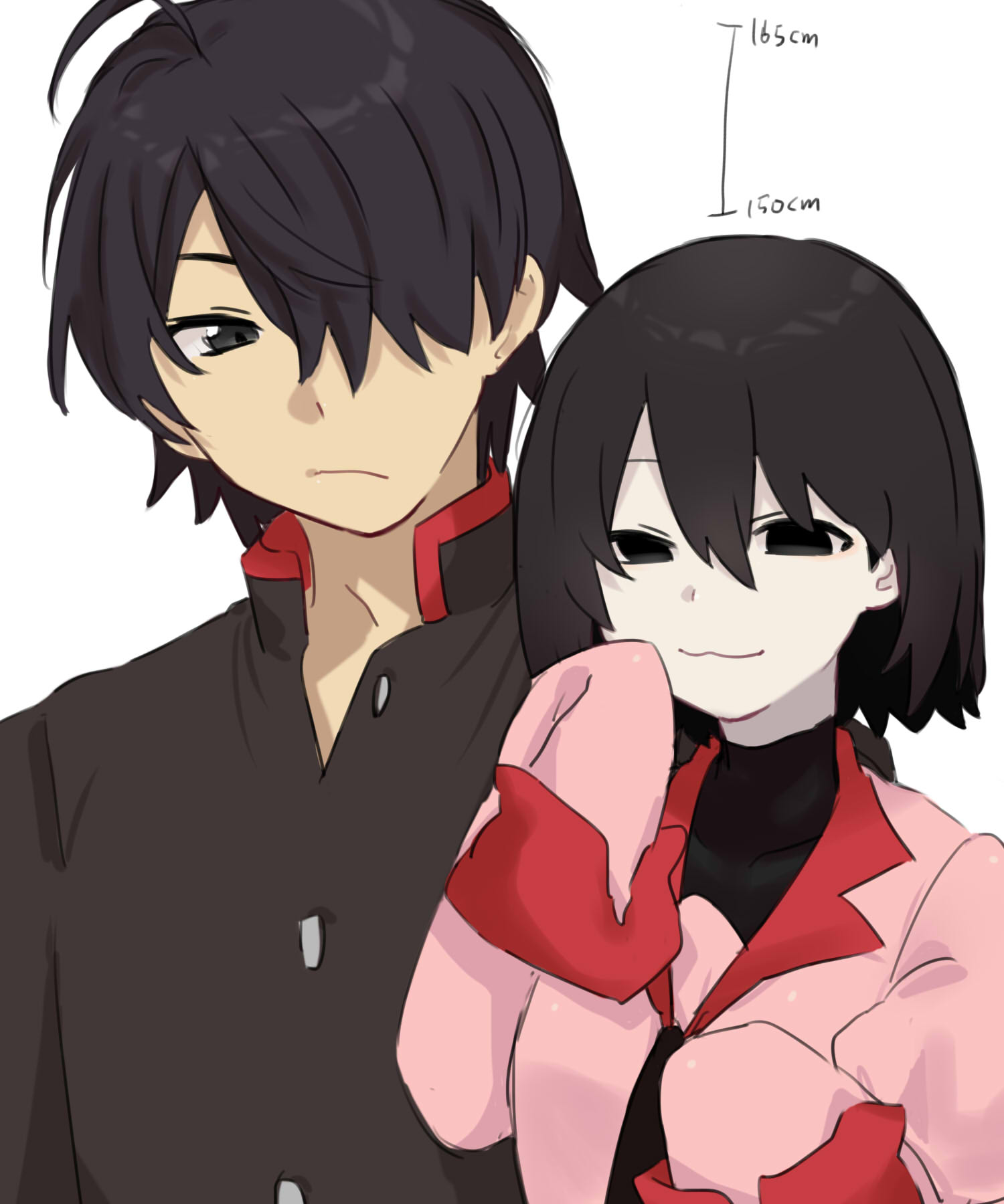 tsugumi (tgm 615486), araragi koyomi, oshino ougi, monogatari (series), commentary, highres, translated, 1boy, 1girl, :/, :3, ahoge, black eyes, black hair, black jacket, black necktie, black shirt, bob cut, breasts, closed mouth, collared shirt, covered collarbone, dress shirt, empty eyes, gakuran, hair between eyes, hair over one eye, hand to own mouth, hands up, height chart, height difference, jacket, long sleeves, looking ahead, looking at another, looking down, looking to the side, mandarin collar, naoetsu high school uniform, narrowed eyes, necktie, pale skin, pink shirt, red trim, school uniform, shirt, short hair, side-by-side, simple background, sketch, sleeves past fingers, sleeves past wrists, small breasts, smile, standing, turtleneck, upper body, very long sleeves, white background