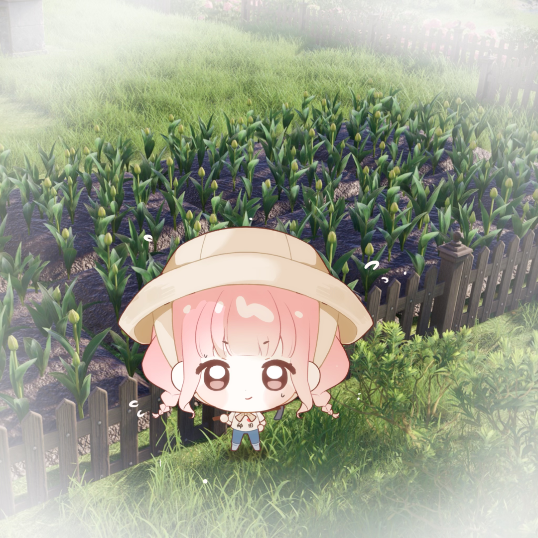baonu de zhanshen caibutou, nikki (nikki), infinity nikki, nikki (series), chinese commentary, commentary request, 1girl, bare arms, black shoes, blue pants, blunt bangs, blush stickers, bow, bowtie, braid, brown bow, brown bowtie, brown eyes, brown hat, bud, chibi, closed mouth, clothes writing, day, denim, eyelashes, fence, flower, flying sweatdrops, game screenshot inset, garden, grass, hand on own hip, happy, hat, heart, heart print, jeans, long hair, looking at viewer, low twin braids, outdoors, pants, pink hair, print shirt, shirt, shoes, short sleeves, sidelocks, smirk, solo, standing, straight-on, sweat, t-shirt, tulip, twin braids, very long hair, vignetting, white shirt