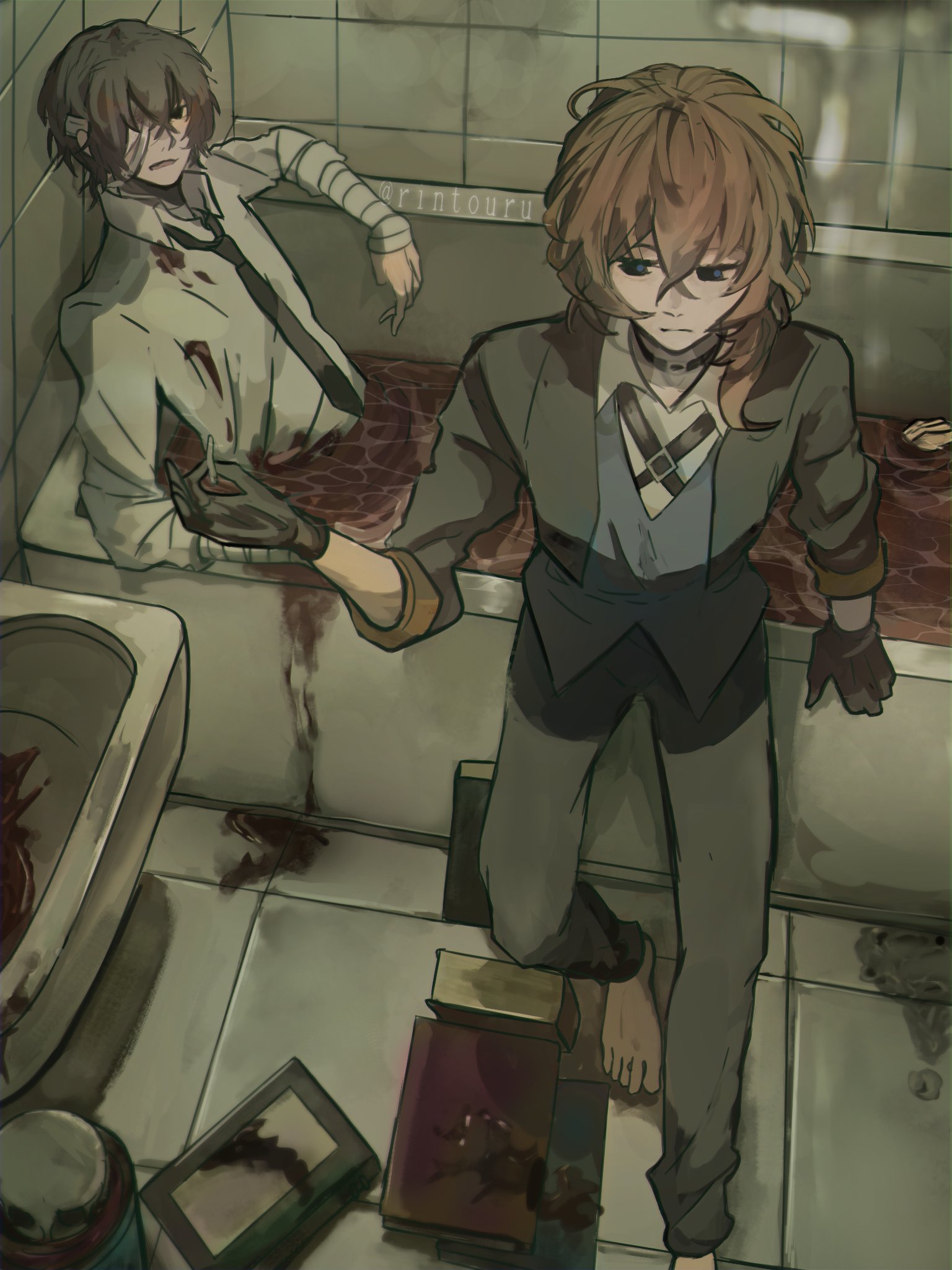 dazai osamu (bungou stray dogs), nakahara chuuya (bungou stray dogs), bungou stray dogs, highres, 2boys, bandaged arm, bandages, barefoot, bathroom, belt, black eyes, black gloves, black hair, black necktie, bleeding, blood, blue eyes, blue tunic, box, brown hair, caustics, collared shirt, crossed bangs, elbow rest, expressionless, from above, full body, gloves, grey jacket, hair between eyes, hand up, indoors, jacket, leaning back, male focus, multiple boys, necktie, parted lips, partially submerged, pool of blood, rintouru 2, shirt, short hair, sink, sitting, stool, tile wall, tiles, tunic, white shirt