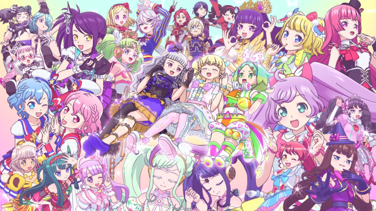 dorothy west, falulu, falulu (awakened), gaaruru (pripara), garara s leep, hanazono shuka, hojo cosmo, hojo sophy, kiki ajimi, koda michiru, kurosu aroma, manaka laala, manaka non, midorikaze fuwari, miichiru (pripara), minami mirei, nabeshima chanko, nijiiro nino, reona west, shikyoin hibiki, shiratama mikan, taiyo pepper, toudou shion, tsukikawa chili, yumekawa shogo, yumekawa yui, idol time pripara, pretty series, pripara, official art, 3d, :d, ahoge, angel and devil, animal print, bare shoulders, black hair, blonde hair, blue eyes, blue hair, blunt bangs, blunt ends, blush, bow, braid, braided bangs, brother and sister, brown hair, claw pose, closed eyes, closed mouth, colored eyelashes, cone hair bun, crossdressing, crossdressing (mtf), curly sidelocks, dear crown cyalume coord, detached sleeves, double bun, dress, epaulettes, falala a larm, floral print, flower, forehead jewel, frills, glasses, gloves, gradient hair, green eyes, green hair, grey hair, hair between eyes, hair bow, hair bun, hair ornament, hair over one eye, hairband, hand up, hat, head chain, headphones, idol, idol clothes, jacket, jewelry, jigoku mimiko, kishimen hair, long hair, long sleeves, looking at viewer, maid headdress, mini hat, mini top hat, mini witch hat, mitaka asahi, mole, mole under eye, multicolored dress, multicolored hair, multiple boys, multiple girls, ok sign, one eye closed, open mouth, otudane, parted bangs, pink-framed eyewear, pink bow, pink eyes, pink hair, ponytail, print dress, puffy short sleeves, puffy sleeves, purple eyes, purple hair, red eyes, red hair, red hairband, ringlets, shirt, short hair, short sleeves, siblings, side braid, side ponytail, skirt, smile, takase koyoi, tiger print, top hat, trap, twin braids, twins, twintails, v, very long hair, wavy hair, white dress, white shirt, wing hair ornament, winged hairband, witch hat, yellow dress, yellow eyes