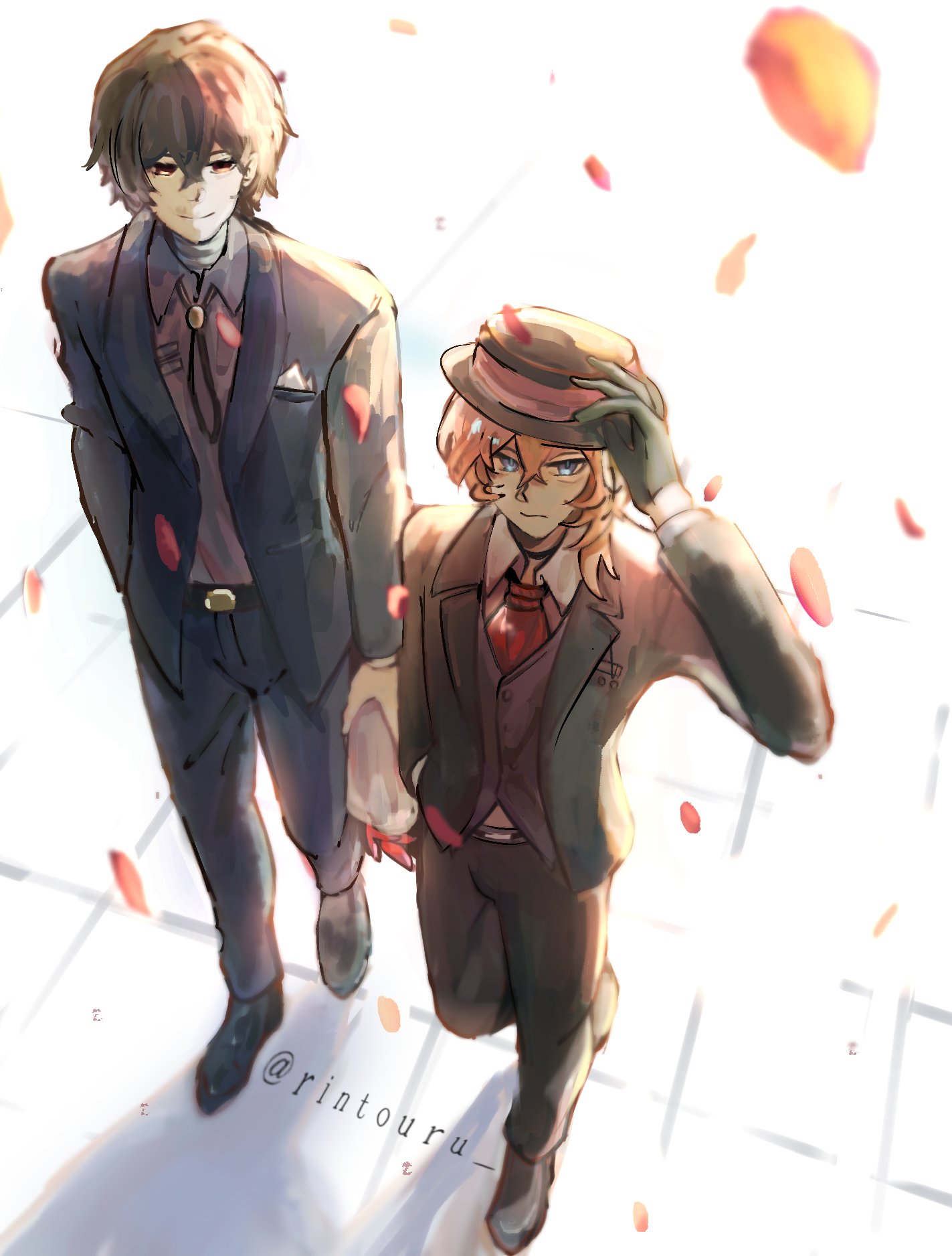 dazai osamu (bungou stray dogs), nakahara chuuya (bungou stray dogs), bungou stray dogs, character request, check character, highres, 2boys, adjusting clothes, adjusting headwear, bag, black gloves, black hair, black jacket, blue eyes, brooch, brown hair, brown jacket, brown vest, collared shirt, crossed bangs, double-parted bangs, expressionless, falling petals, fedora, from above, full body, gloves, hand in pocket, hat, holding, holding bag, jacket, jewelry, looking at another, looking at viewer, male focus, multiple boys, neck ribbon, necktie, petals, red necktie, ribbon, rintouru 2, shirt, short hair, vest, walking, white shirt, yellow eyes