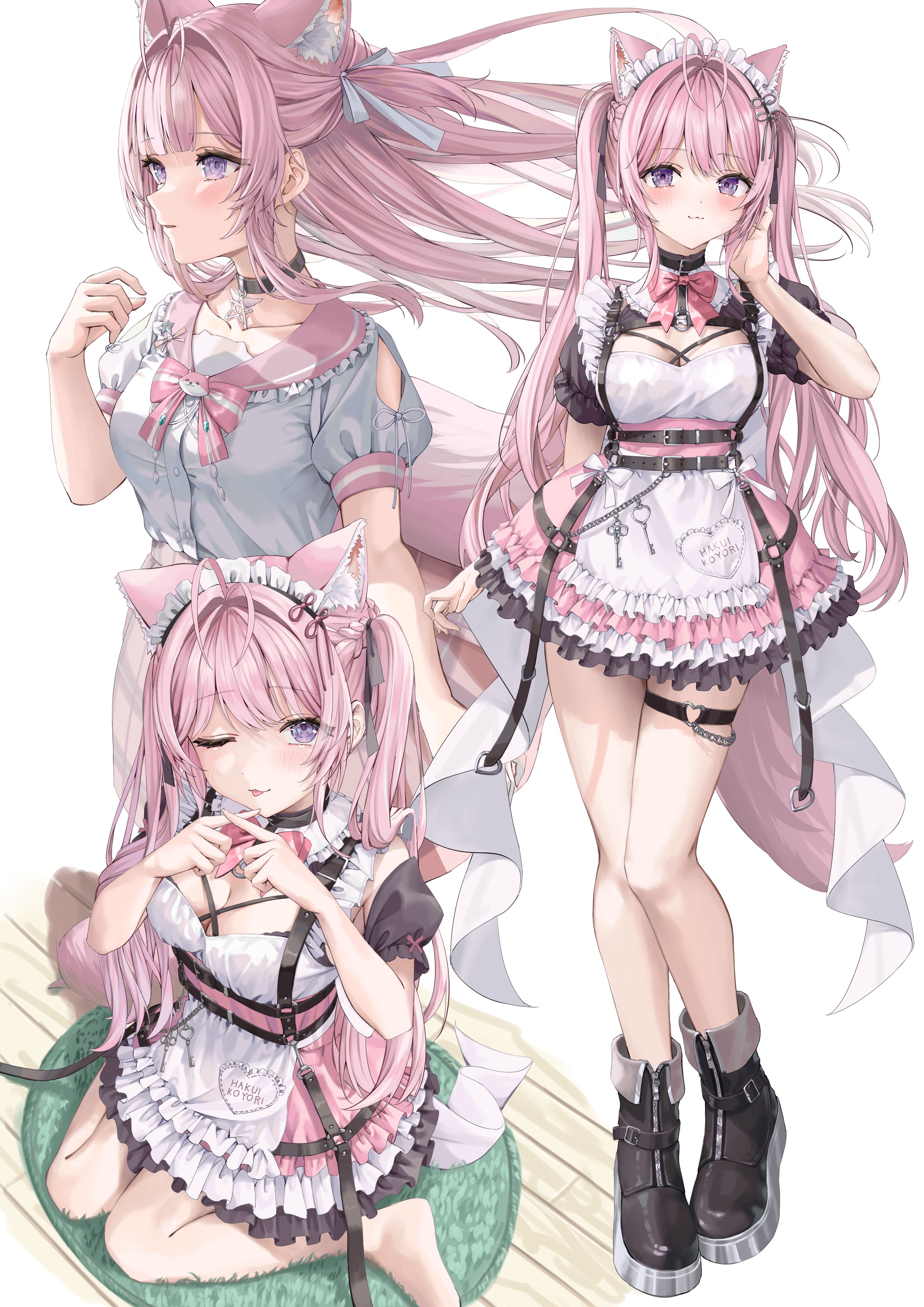 yuge (setsura), hakui koyori, hololive, absurdres, highres, 1girl, animal ears, apron, black boots, boots, bow, breasts, cleavage, closed mouth, dress, floating hair, full body, heart, heart o-ring, large breasts, long hair, maid, maid apron, maid headdress, multiple views, o-ring, o-ring thigh strap, one eye closed, pink bow, pink dress, pink hair, pink sailor collar, purple eyes, sailor collar, school uniform, shirt, short sleeves, sitting, skirt, smile, standing, tail, thigh strap, tongue, tongue out, virtual youtuber, wariza, white apron, white shirt, wolf ears, wolf girl, wolf tail