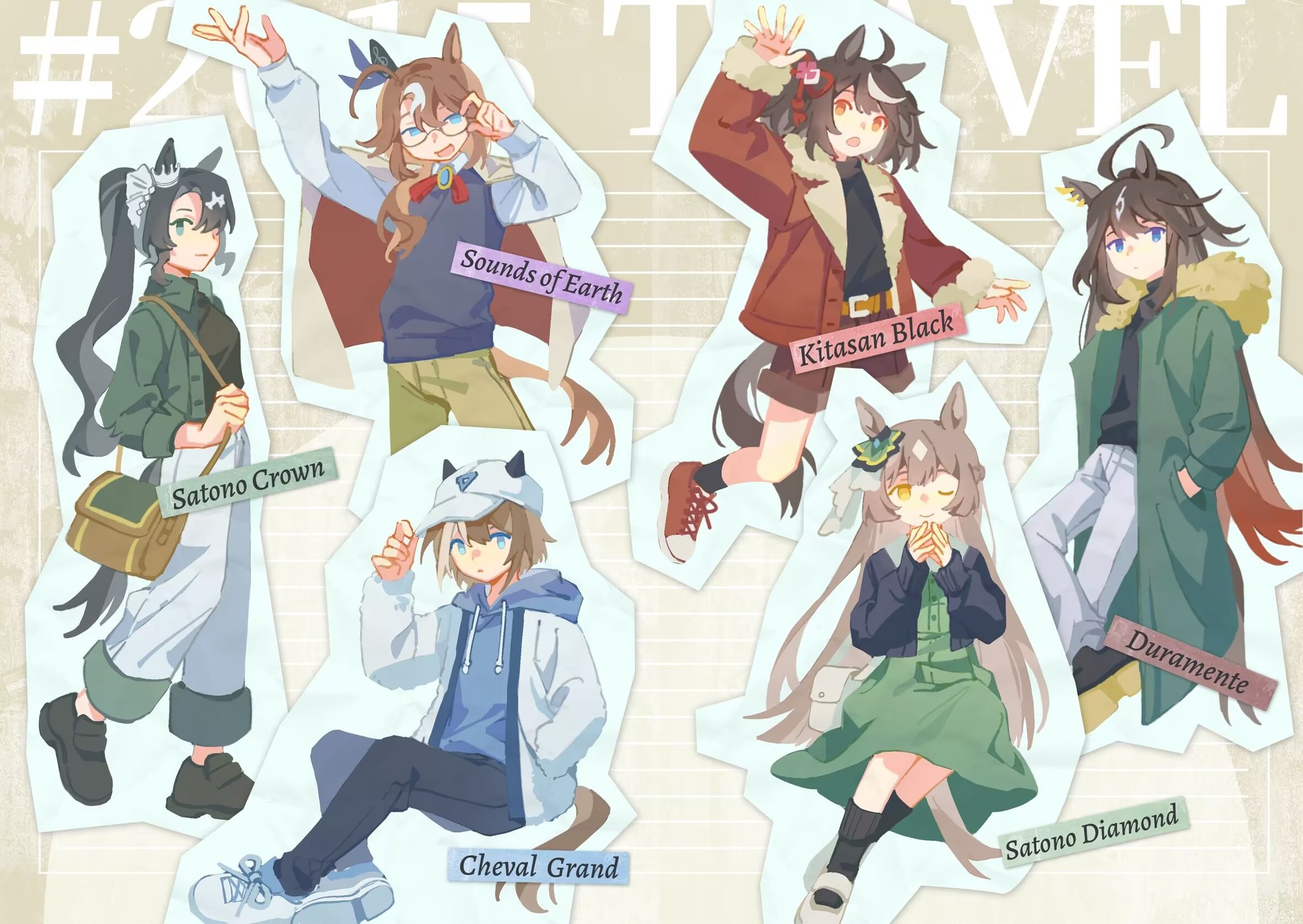 heichicc47, cheval grand (umamusume), duramente (umamusume), kitasan black (umamusume), satono crown (umamusume), satono diamond (umamusume), sounds of earth (umamusume), umamusume, highres, 6+girls, adjusting eyewear, ahoge, animal ears, bag, baseball cap, belt, black hair, black shirt, black shoes, black socks, blue eyes, blue hoodie, blue jacket, blue pants, bow, bowtie, brooch, brown hair, brown jacket, brown shorts, casual, character name, closed mouth, coat, dress, ear ornament, glasses, green coat, green dress, green eyes, green jacket, green shirt, hands in pockets, hat, hood, hoodie, horse ears, horse girl, horse tail, invisible chair, jacket, jacket on shoulders, jewelry, long hair, long sleeves, looking at viewer, multicolored hair, multiple girls, multiple views, one eye closed, open mouth, outline, own hands together, pants, ponytail, shirt, shoes, short hair, shorts, shoulder bag, sitting, smile, sneakers, socks, standing, streaked hair, sweater, tail, walking, white jacket, white pants, yellow eyes