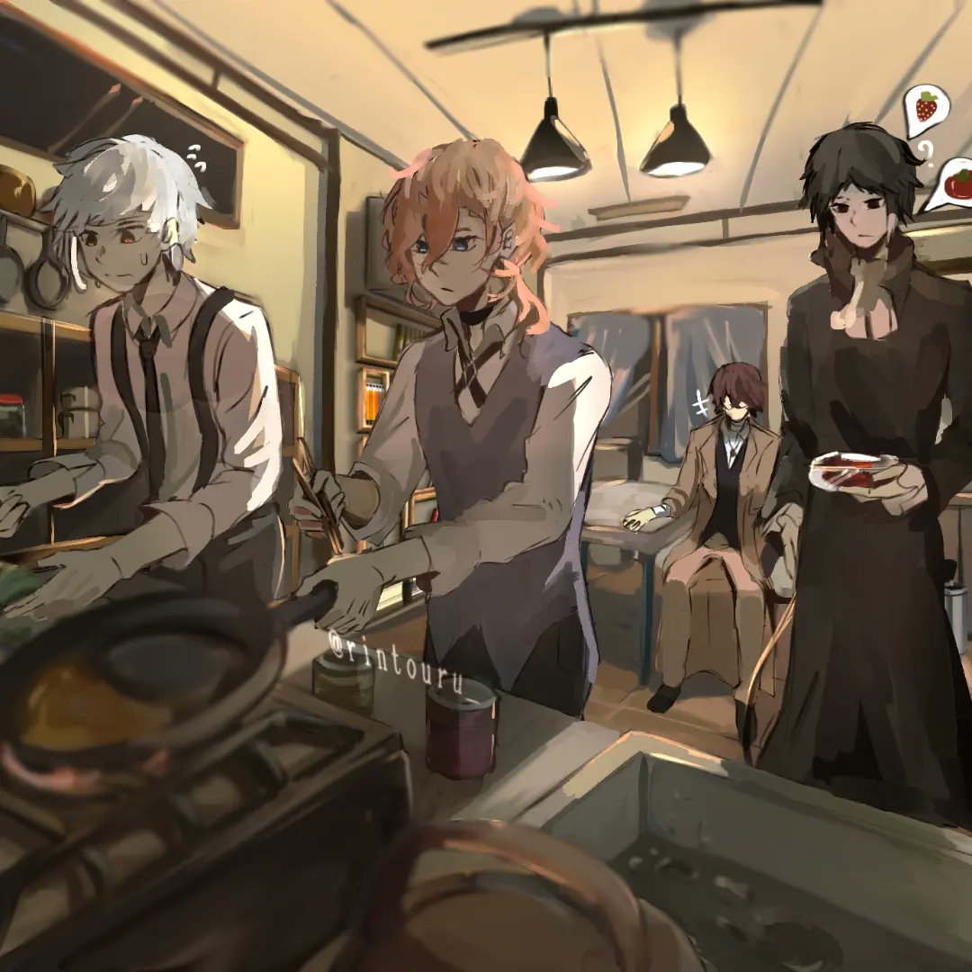 dazai osamu (bungou stray dogs), nakahara chuuya (bungou stray dogs), bungou stray dogs, character request, 4boys, black dress, black jacket, blue vest, breasts, brown eyes, brown hair, can, ceiling light, cleavage, collared shirt, cooking, crossed bangs, curtains, double-parted bangs, dress, frying pan, hair between eyes, head tilt, holding, holding plate, indoors, jacket, kitchen, multiple boys, plate, pov, rintouru 2, shelf, shirt, short hair, sink, sitting, spoken emoji, stove, suspenders, table, vest, white shirt, window